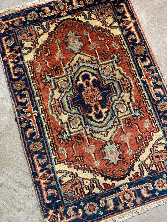 2'x3' Hand-Knotted 100% Wool Herize Design Carpet - Area Rug