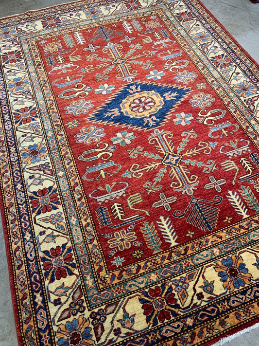 5'9"x8'2" Hand-Knotted 100% Wool Pile Super Kazak Carpet - Area Rug