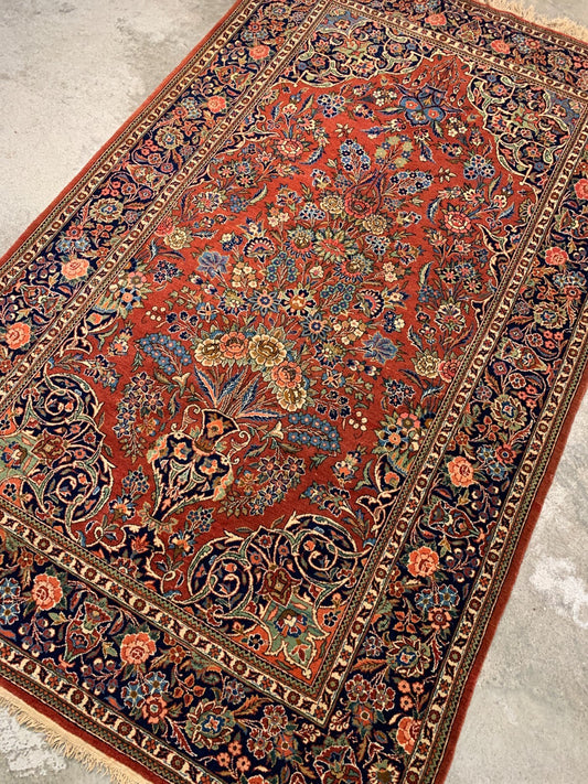 Collector Item - 4'4"x7'2" Antique Hand-Knotted Fine Wool Kashane Rug