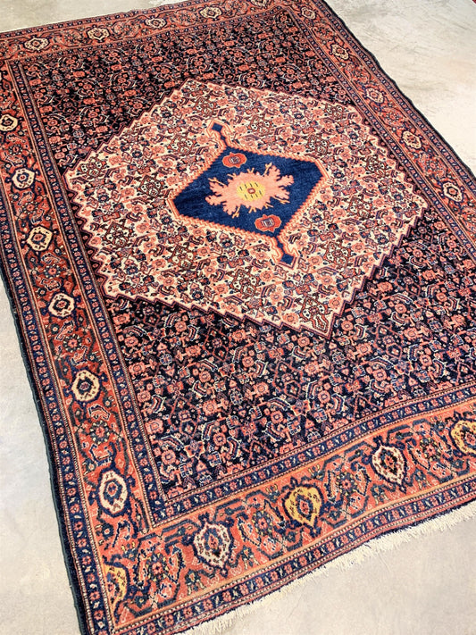 4'10"x7' Antique Pre-1900 Hand-knotted Geometric Kurdish Seneh Area Rug