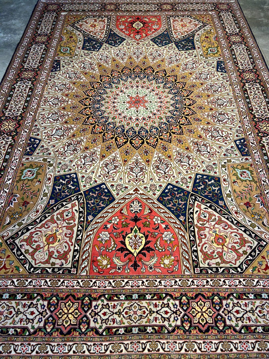 6'7"x10'2" Fine Hand-Knotted Wool & Silk Tabrize Dome Design Rug - Area Carpet