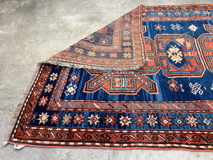Collector Item - 4'1"x7'3" Antique Hand-Knotted 100% Wool Pile Russian Kazak Rug