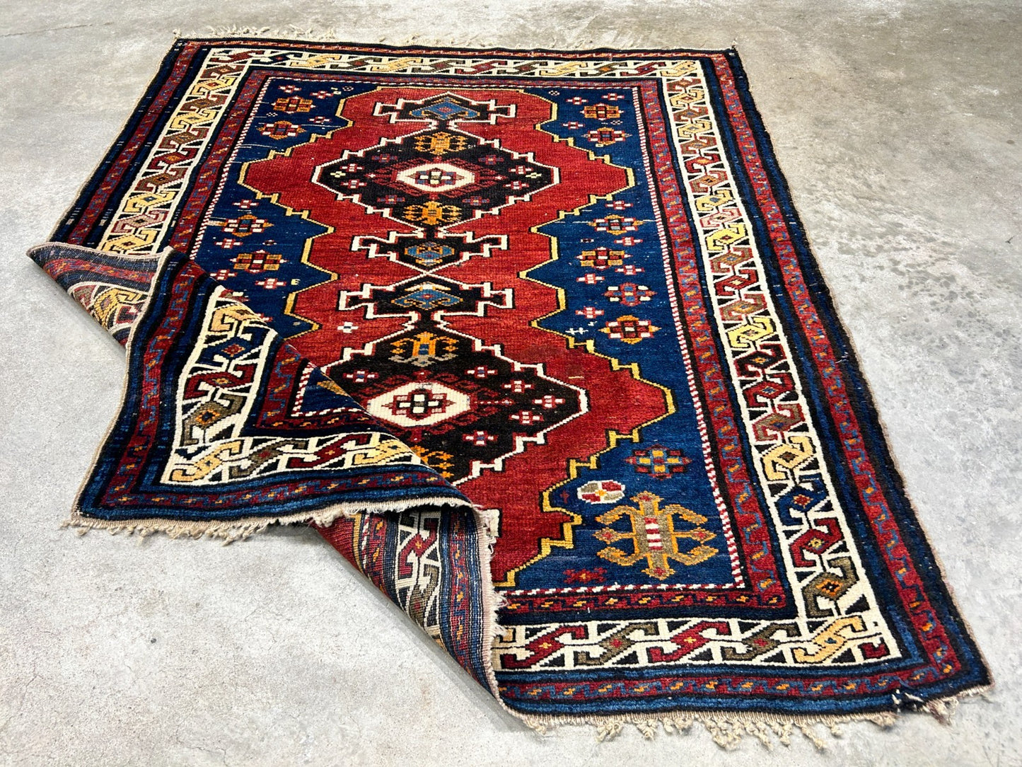 3'6"x4'1" Antique Hand-Knotted 100% Wool Pile Caucasian Rug