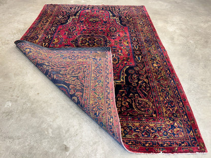 4'5"x6'6" Rare Antique Hand-Knotted 100% Wool Pile Sarouke Area Rug - Carpet