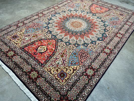 6'8"x10'7" Fine Hand-Knotted Wool & Silk Blend Tabrize Carpet - Area Rug