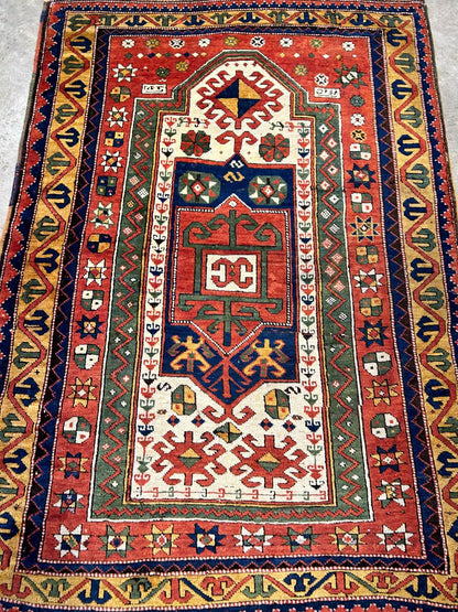 Collector Item -  3'4"x5'6" Antique Hand-Knotted 100% Wool Pile Kazak Rug