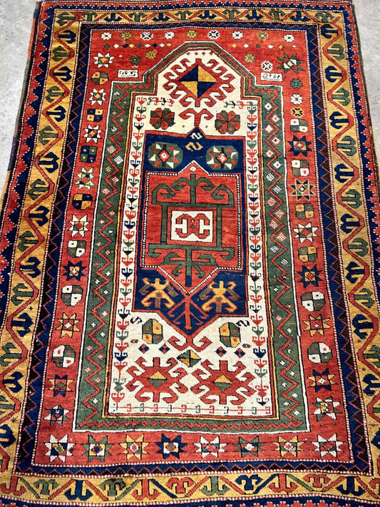 Collector Item -  3'4"x5'6" Antique Hand-Knotted 100% Wool Pile Kazak Rug