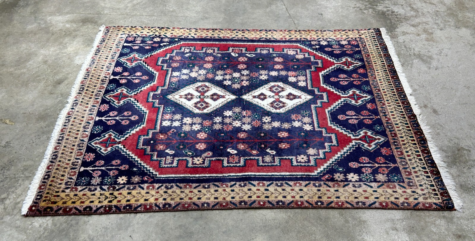 4'3"x5'6" Antique Hand-Knotted 100% Wool Pile Hamadane Rug