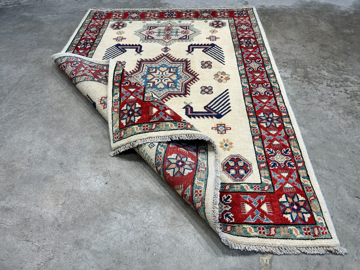 3'5"x4'9" Fine Hand-Knotted 100% Wool Pile Kazak Rug
