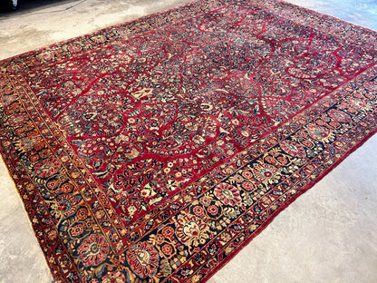 9'3"x12'7" Antique Fine Lamb Wool Sarouke Rug Hand-knotted Carpet