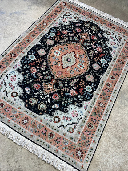 3'6"x4'10'' Fine Hand-Knotted Silk & Wool Tabrize Area Rug - Area Carpet