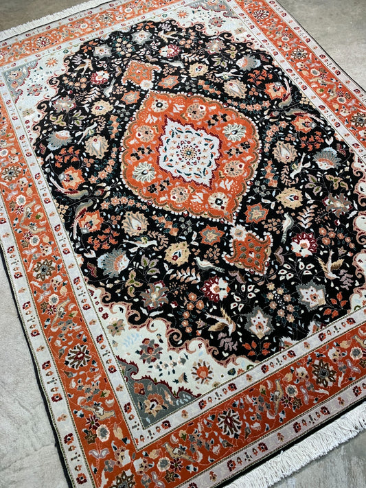 5'x6'7" Very Fine Hand-Knotted Wool & Silk Blend Tabrize Carpet - Area Rug