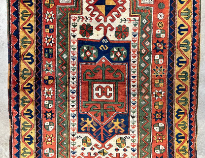 Collector Item -  3'4"x5'6" Antique Hand-Knotted 100% Wool Pile Kazak Rug