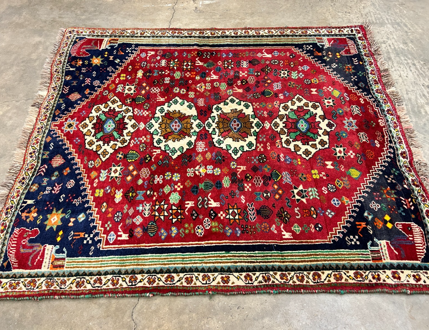 3'11"x4'7" Hand-Knotted 100% Wool Pile Ghashghaei Area Rug - Carpet