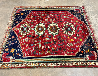 3'11"x4'7" Hand-Knotted 100% Wool Pile Ghashghaei Area Rug - Carpet