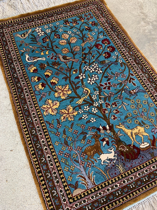 2'1"x3'1" Very Fine Hand-Knotted 100% Silk Tree of Life Kashane Rug