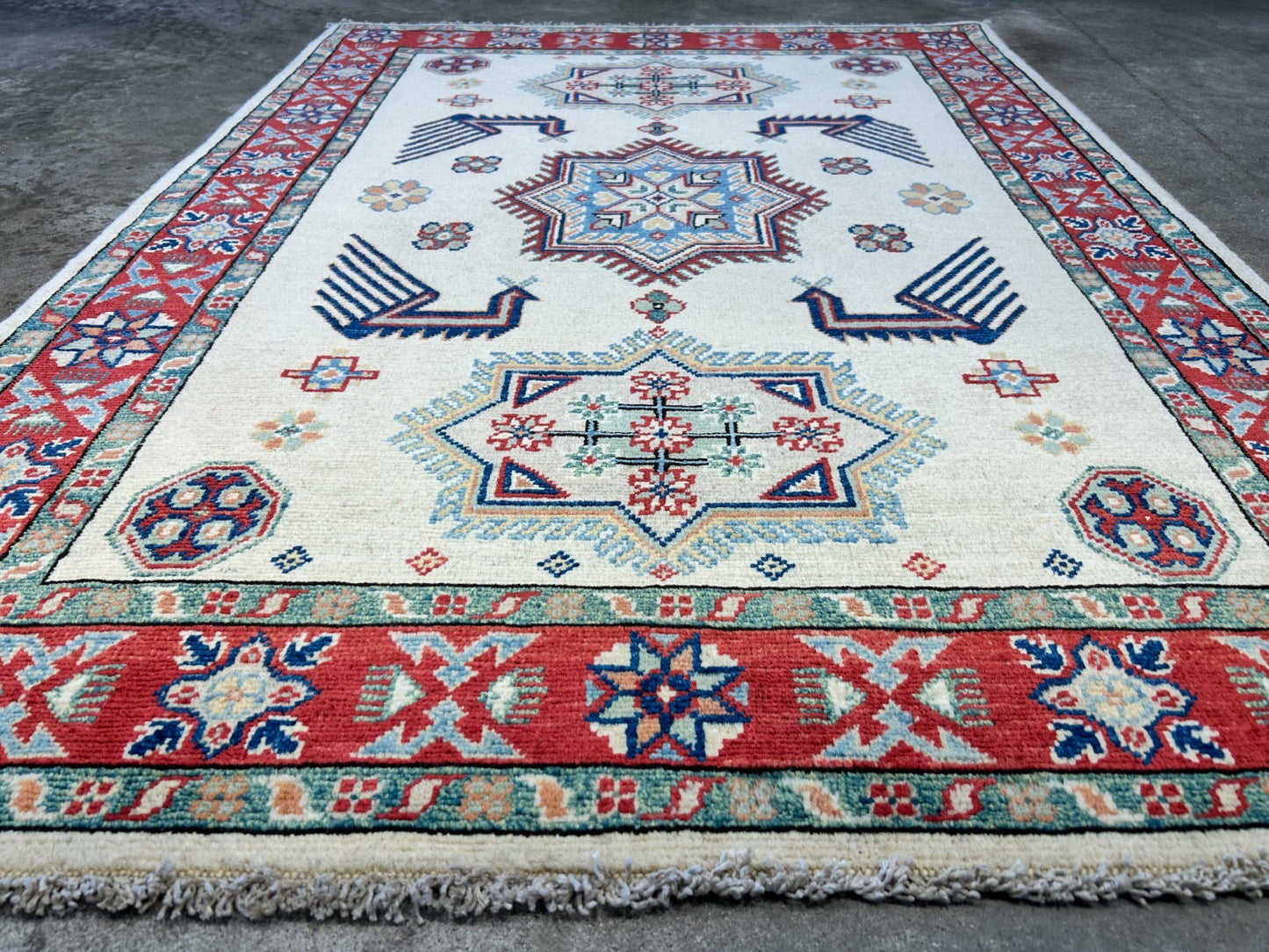 3'5"x4'9" Fine Hand-Knotted 100% Wool Pile Kazak Rug