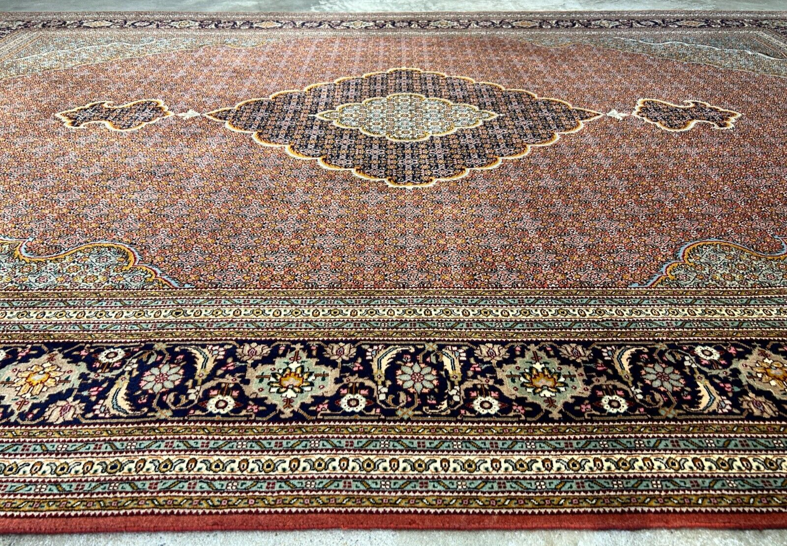 6'8"x10'1" Fine Hand-Knotted Wool & Silk Blend Tabrize Mahi Carpet - Area Rug