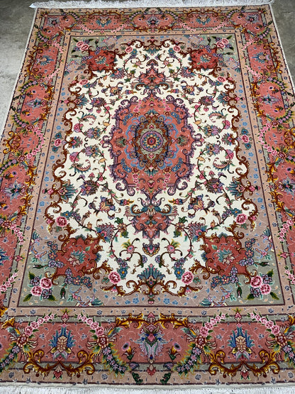 4'11"x6'9" Very Fine Hand-Knotted Wool & Silk Blend Tabrize Rug