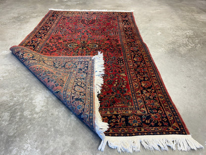 4'3"x6'9" Antique Hand-Knotted 100% Wool Pile Sarouke Area Rug - Carpet