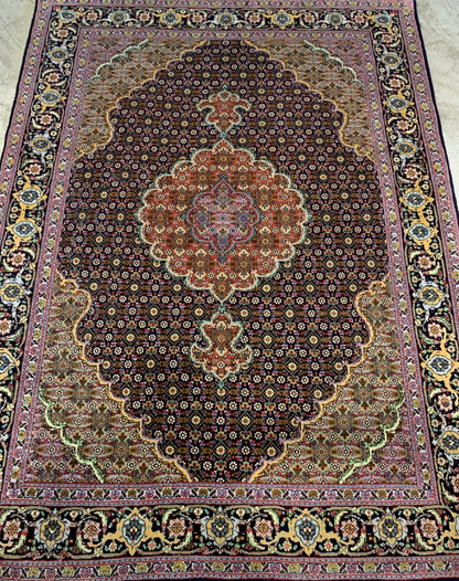 3'6"x5' Fine Hand-Knotted Wool & Silk Blend Tabrize Mahi Area Rug