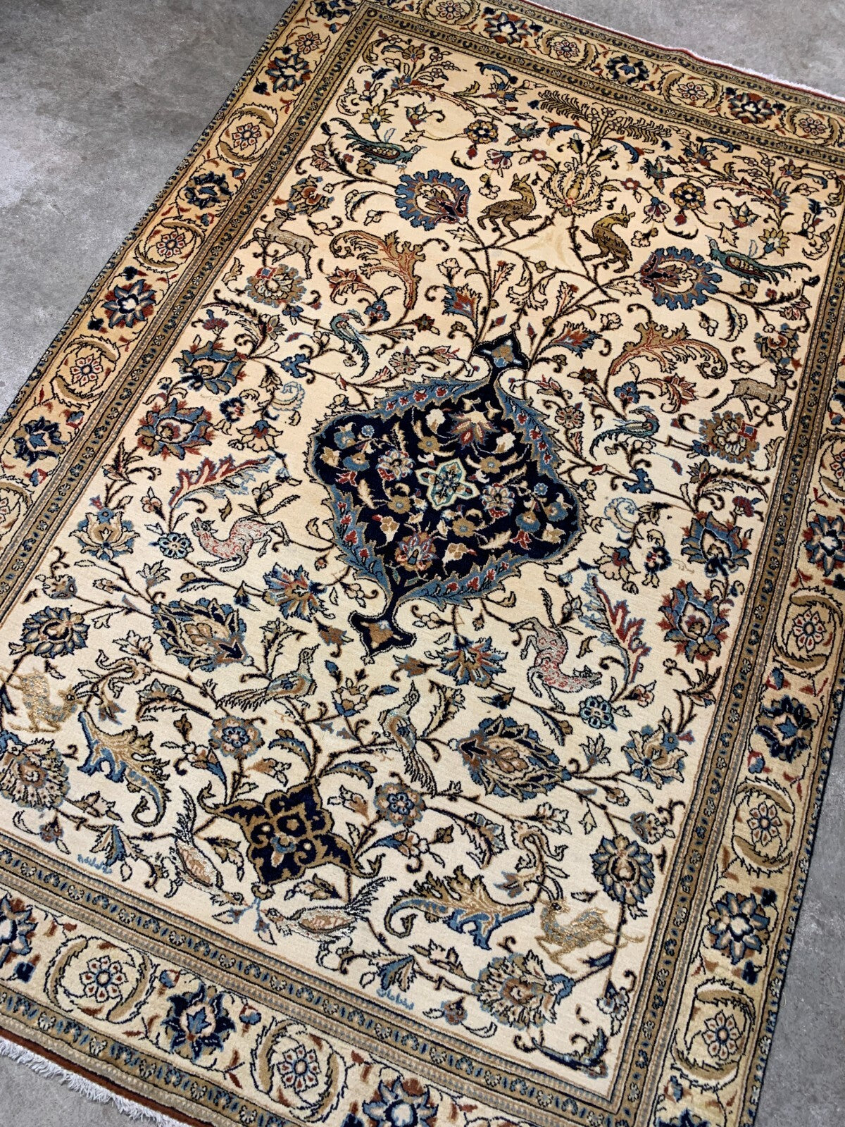 Collector Item -  4'4"x6'7" Antique Hand-Knotted Fine Wool Kashane Rug