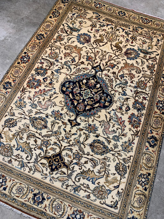 Collector Item -  4'4"x6'7" Antique Hand-Knotted Fine Wool Kashane Rug