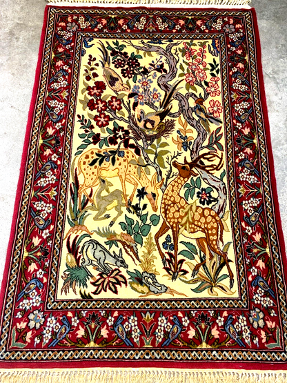 2'4"x3'7" Fine Hand-Knotted Wool & Silk Isfahane Pictorial Rug - Area Carpet