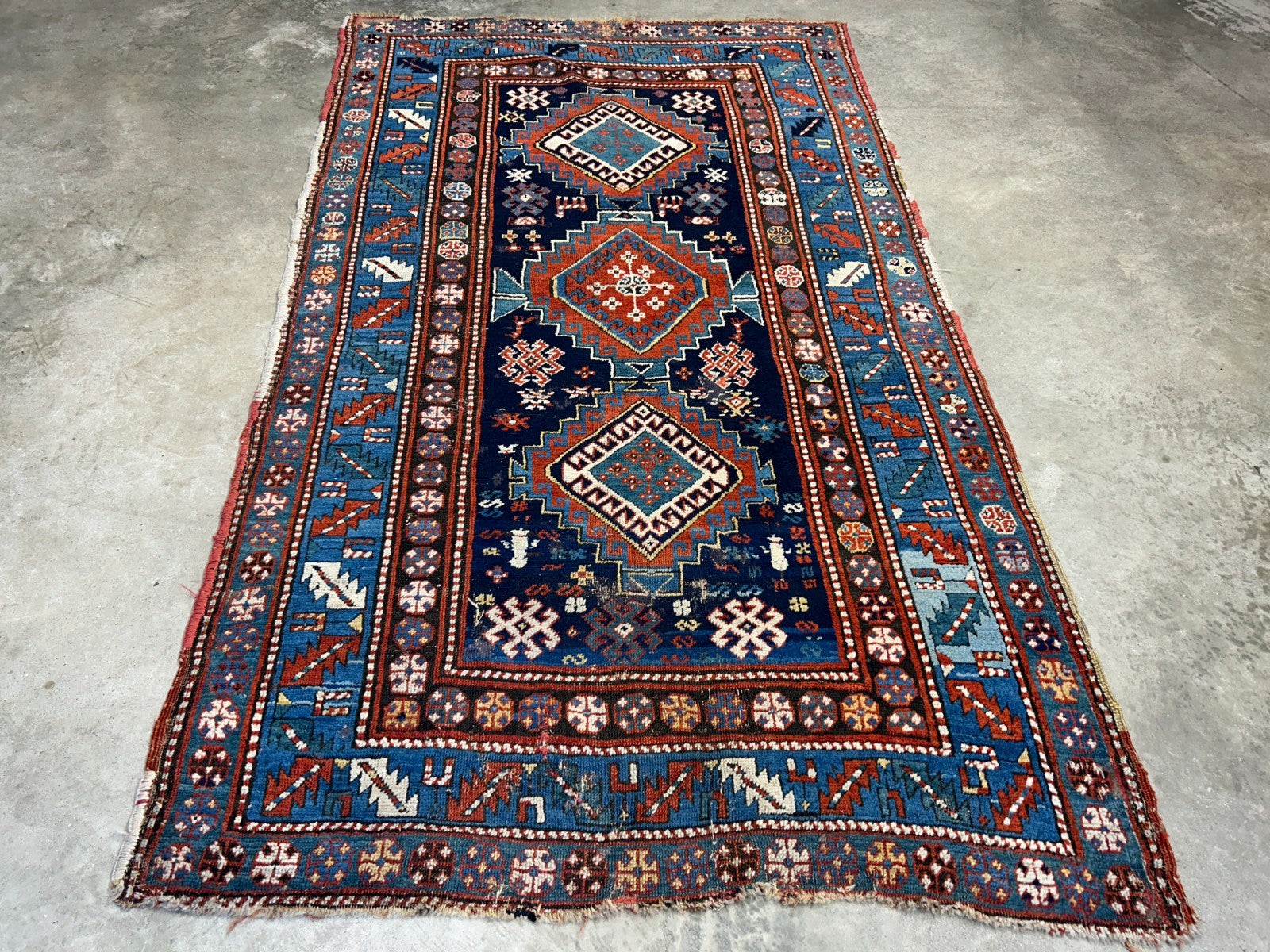 4'1"x7'2" Antique Hand-Knotted 100% Wool Pile Kazak Caucasian Area Rug - Carpet
