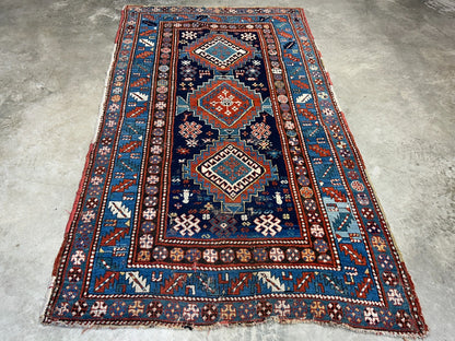 4'1"x7'2" Antique Hand-Knotted 100% Wool Pile Kazak Caucasian Area Rug - Carpet
