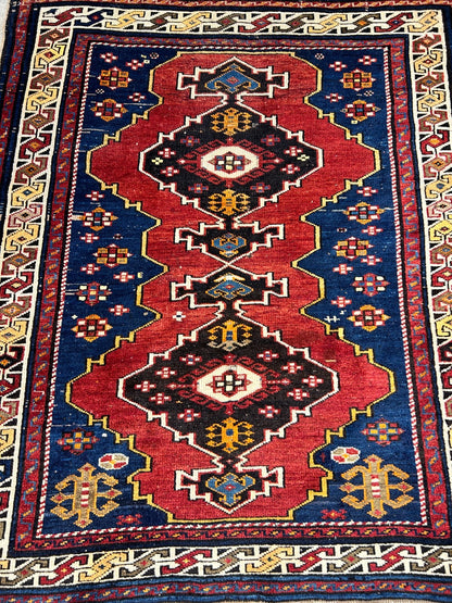3'6"x4'1" Antique Hand-Knotted 100% Wool Pile Caucasian Rug