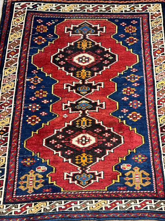 3'6"x4'1" Antique Hand-Knotted 100% Wool Pile Caucasian Rug