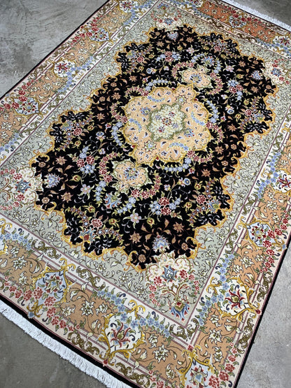 5'1"x7'1" Very Fine Hand-Knotted Wool & Silk Blend Tabrize Carpet - Area Rug