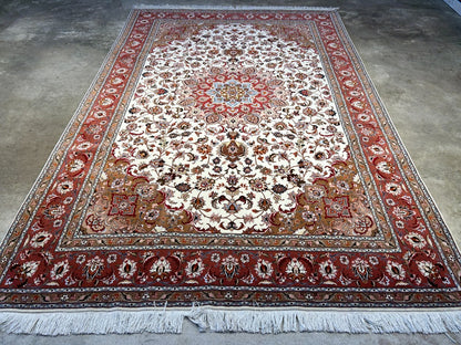 6'7"x10'1" Fine Hand-Knotted Wool & Silk Blend Tabrize Carpet - Area Rug