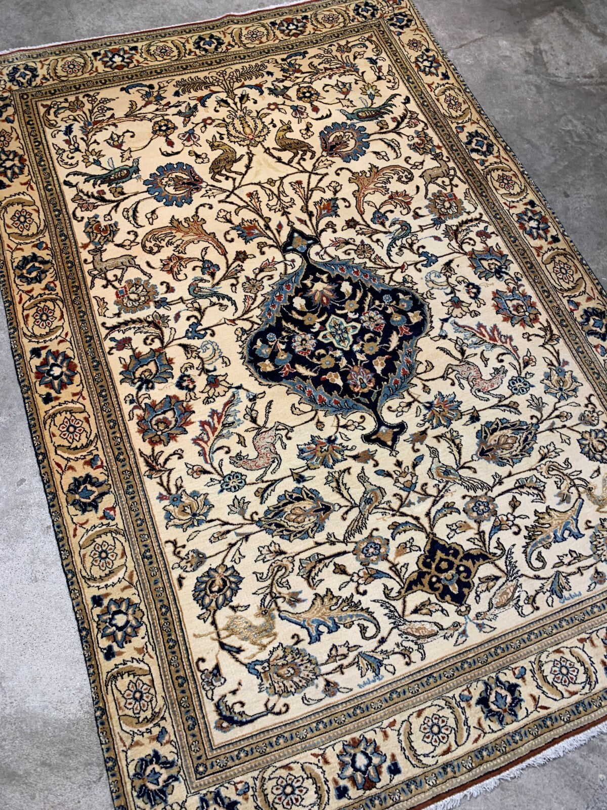 Collector Item -  4'4"x6'7" Antique Hand-Knotted Fine Wool Kashane Rug