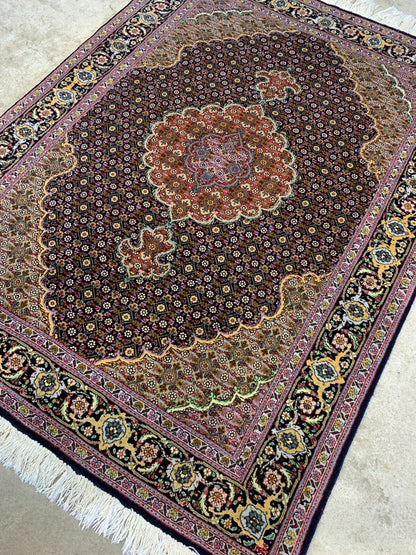 3'6"x5' Fine Hand-Knotted Wool & Silk Blend Tabrize Mahi Area Rug