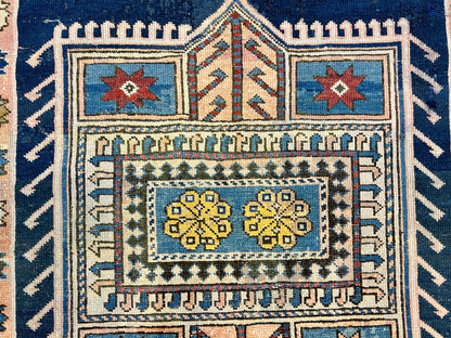 Collector Item - 3'4"x4'4" Antique Hand-Knotted 100% Wool Pile Russian Kazak Rug