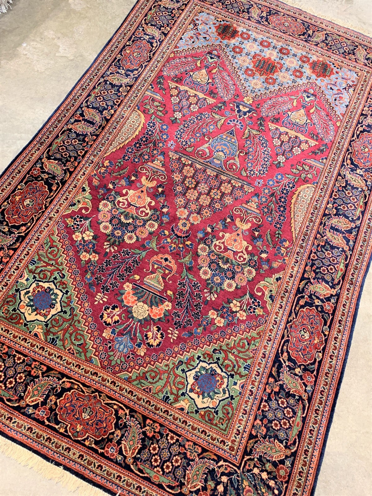 Collector Item  4'3"x6'10" Antique Pre-1900 Fine Lamb Wool Pile Kashane Rug