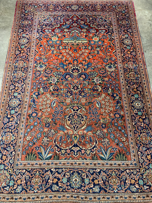 Collector Item -  4'5" x 6'8'' Antique Hand-Knotted 100% Wool Kashane Rug