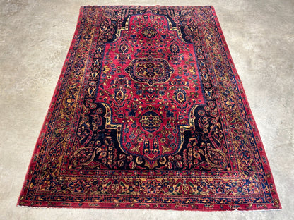 4'5"x6'6" Rare Antique Hand-Knotted 100% Wool Pile Sarouke Area Rug - Carpet