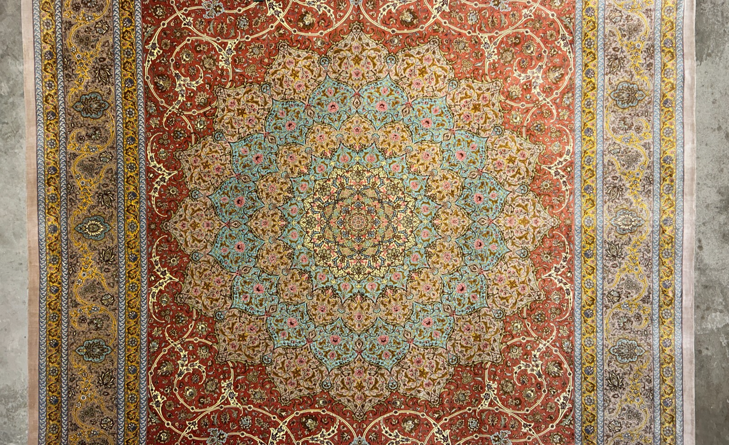 9'9"x13'4" Exquisite Signed Hand-Knotted 100% Silk Qume Rug