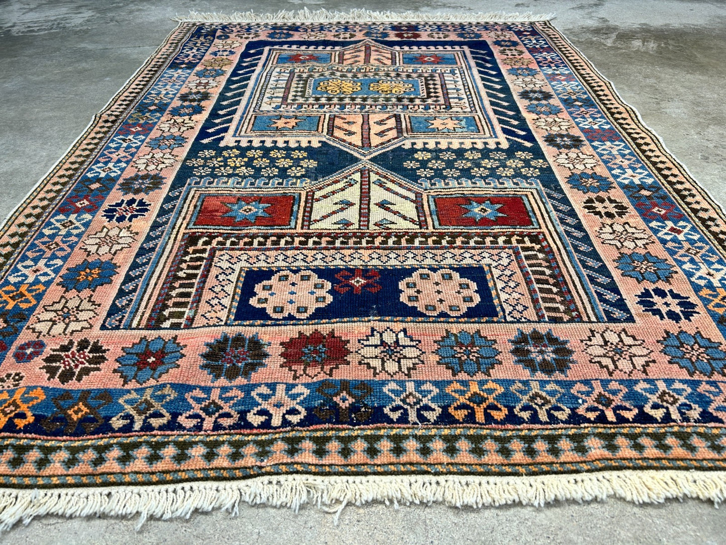 Collector Item - 3'4"x4'4" Antique Hand-Knotted 100% Wool Pile Russian Kazak Rug
