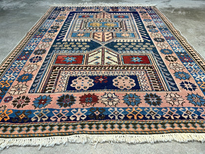 Collector Item - 3'4"x4'4" Antique Hand-Knotted 100% Wool Pile Russian Kazak Rug