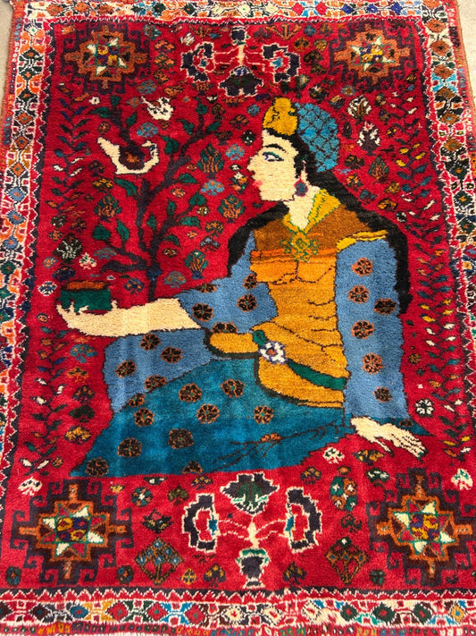 4'2"x5'3" Gorgeous Hand-Knotted 100% Wool Pile Pictorial Area Rug - Carpet