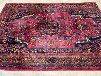 4'5"x6'6" Rare Antique Hand-Knotted 100% Wool Pile Sarouke Area Rug - Carpet