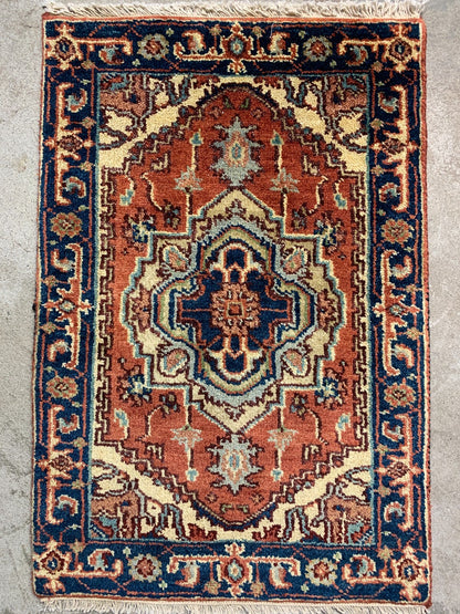 2'x3' Hand-Knotted 100% Wool Herize Design Carpet - Area Rug