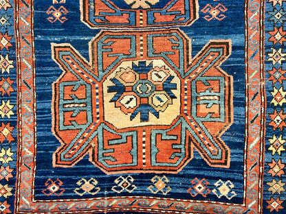 Collector Item - 4'1"x7'3" Antique Hand-Knotted 100% Wool Pile Russian Kazak Rug