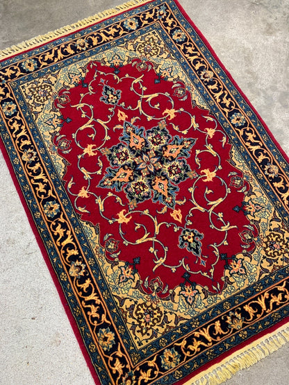 2'4"x3'5" Very Fine Hand-Knotted Wool & Silk Blend Isfahane Carpet - Area Rug