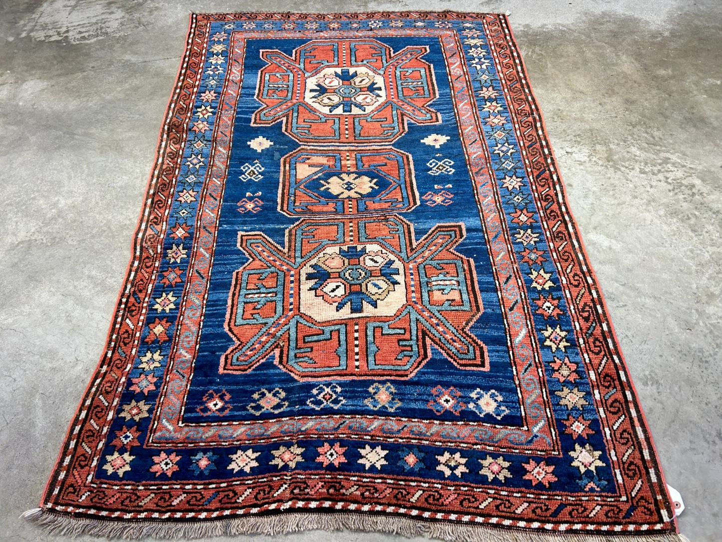Collector Item - 4'1"x7'3" Antique Hand-Knotted 100% Wool Pile Russian Kazak Rug