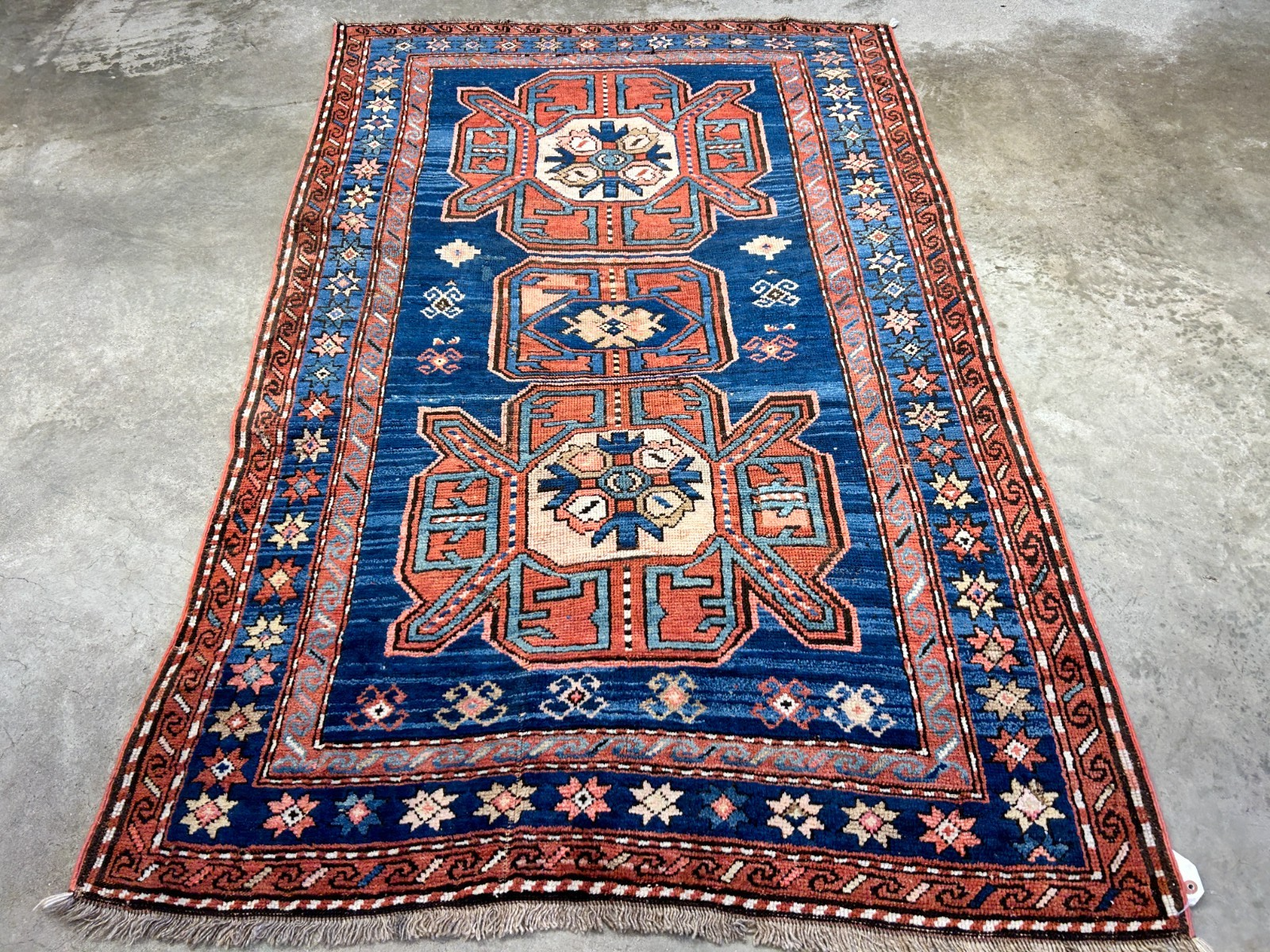 Collector Item - 4'1"x7'3" Antique Hand-Knotted 100% Wool Pile Russian Kazak Rug